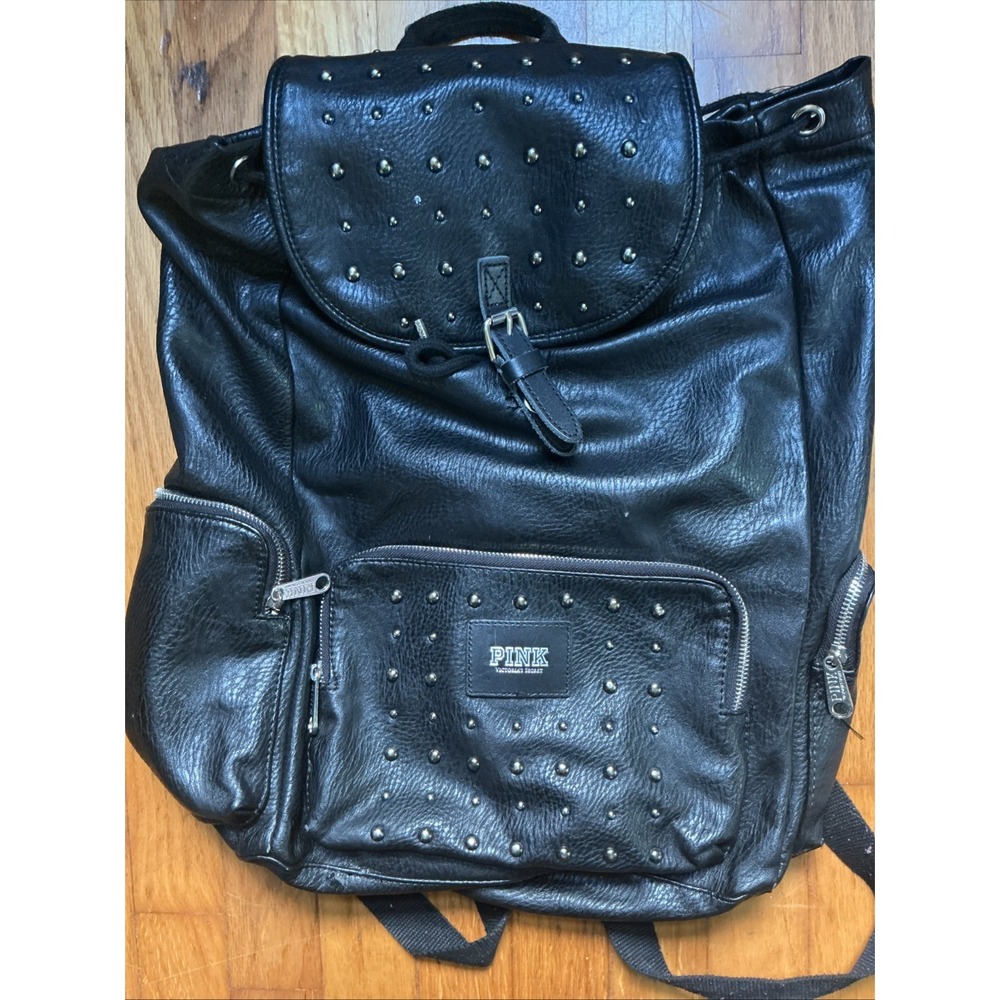 Pink Victorias Secret Leather Black Studded Backpack School Bag Goth Heavy Metal